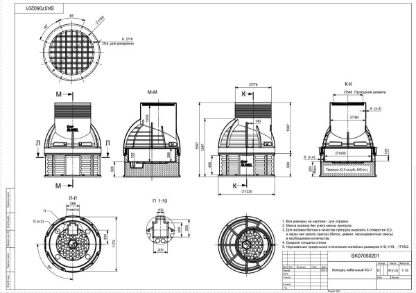 Колодец КС-7 H1675 мм, без пригрузочной камеры, с крышкой D 780 мм